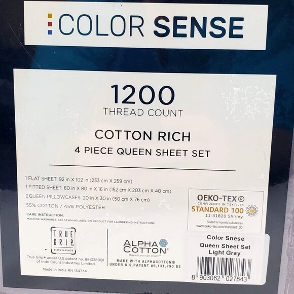Color Sense 1200 Thread Count Cotton Rich 4-Piece Queen Sheet Set Light Gray - Picture 5 of 8